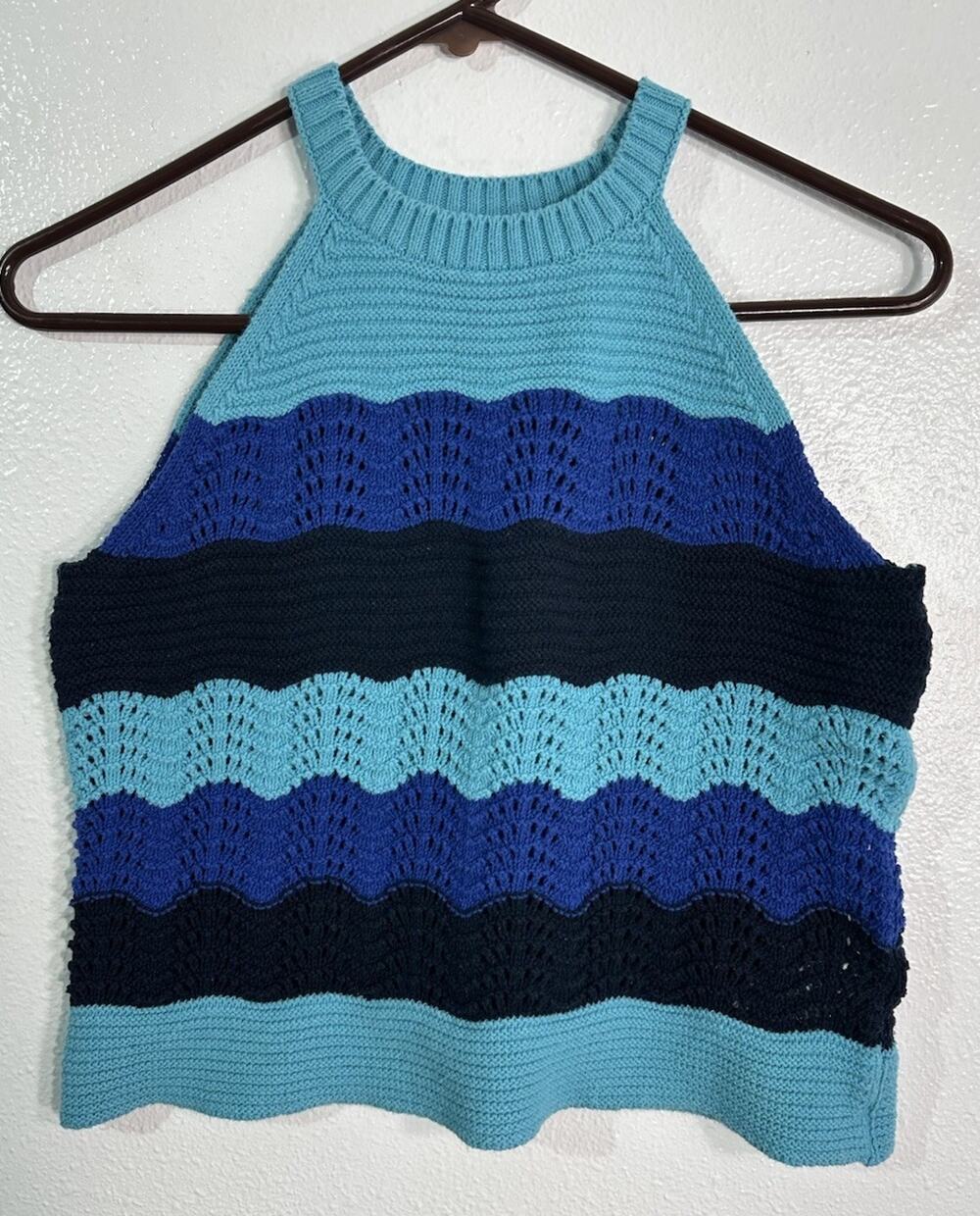 Anthropologie Jenette Crochet Women’s Small Knit Halter Tank Top Blue Boho Fairy